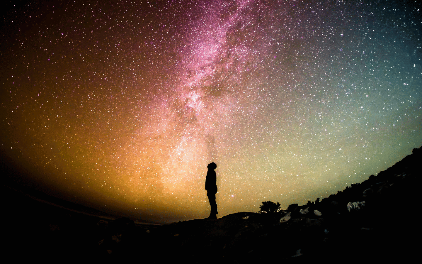 A human looks up at a night sky with millions of visible stars.