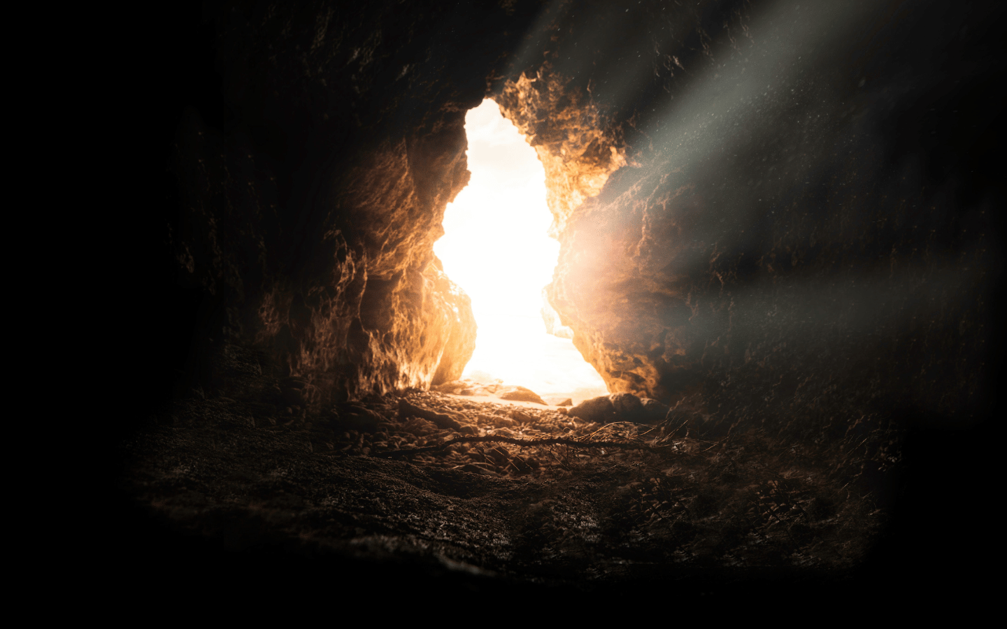 Rays of light burst through a stone wall.