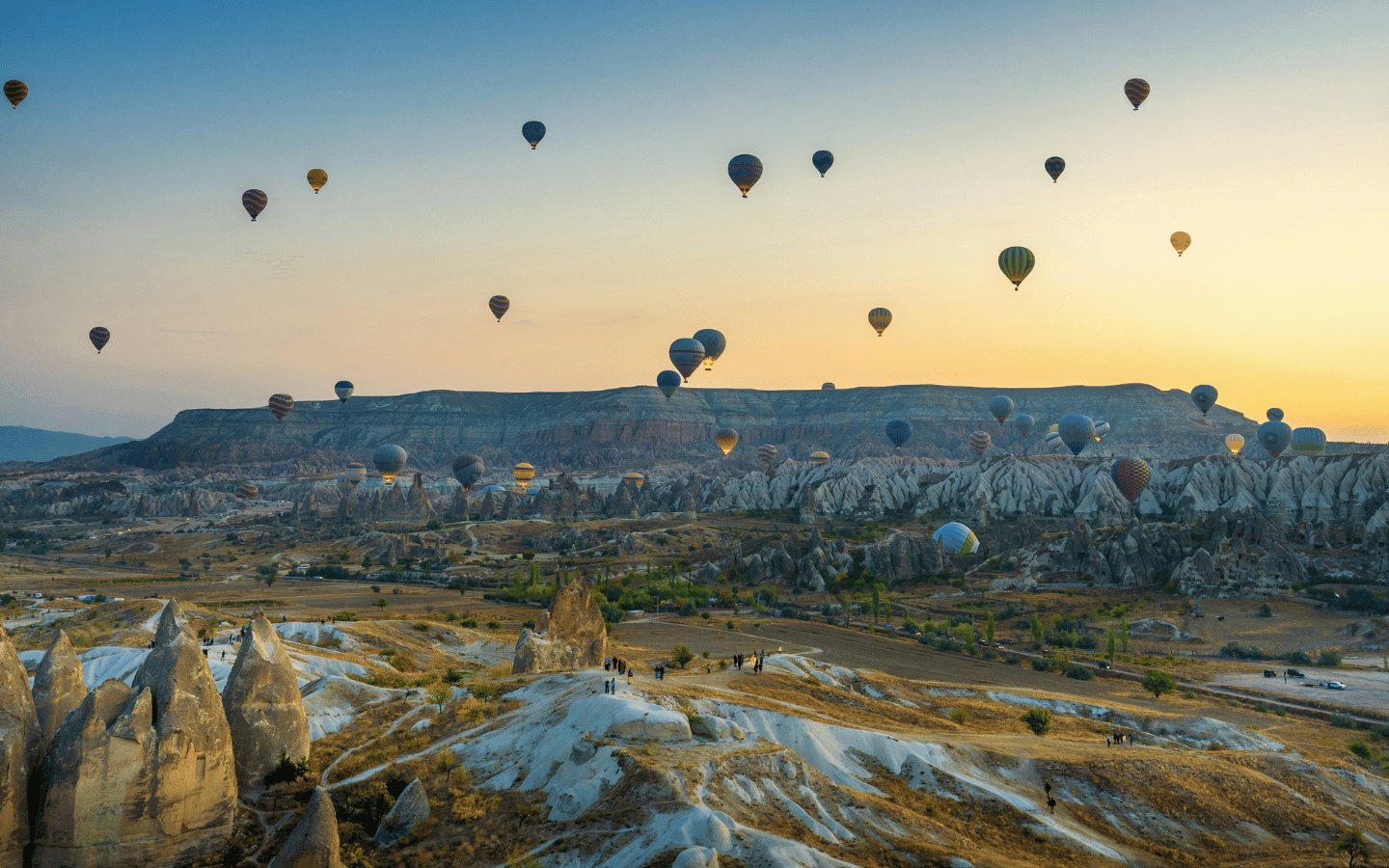 Hot air balloons fly untethered out of a valley.