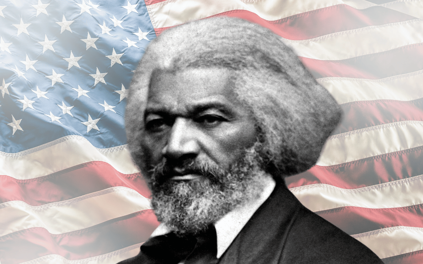 An image of Frederick Douglass with a faded American flag background.