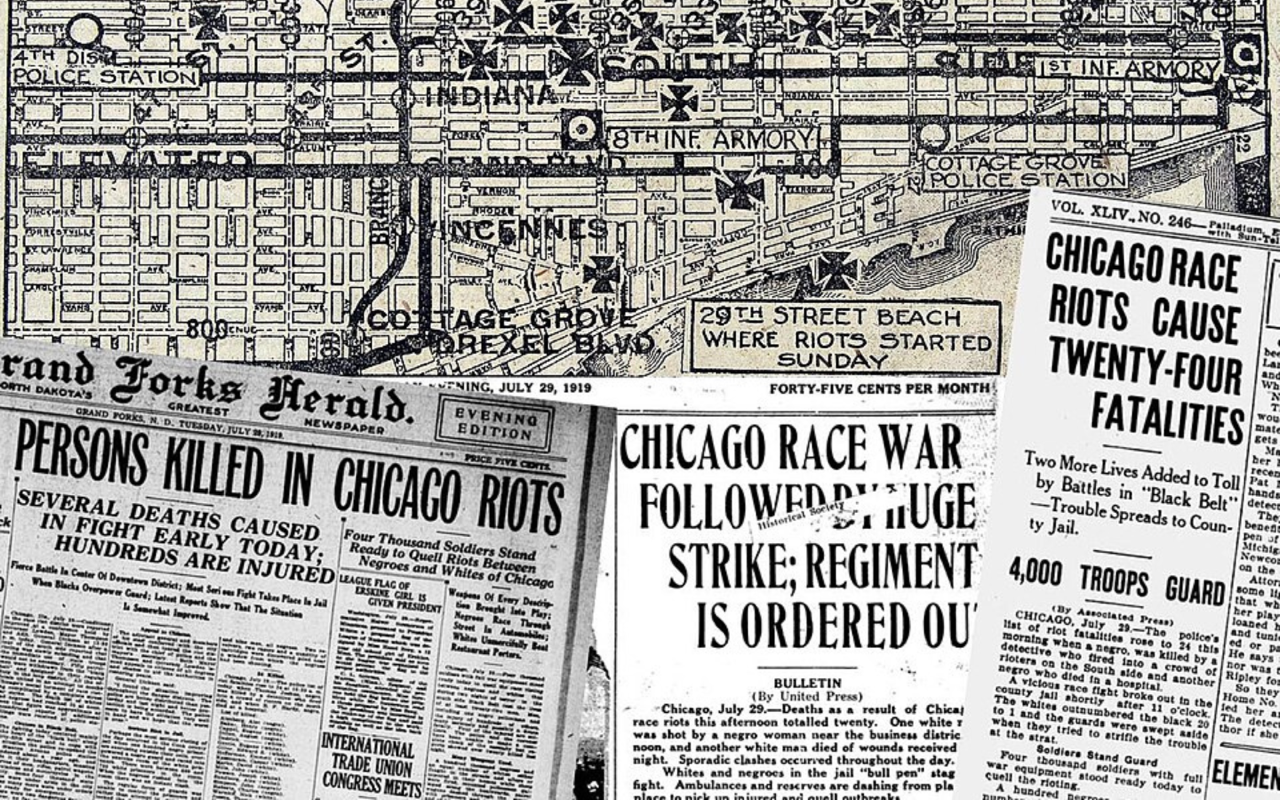 An image of the city of Chicago’s streets with newspaper clippings from the Chicago Race Riot of 1919 attached.