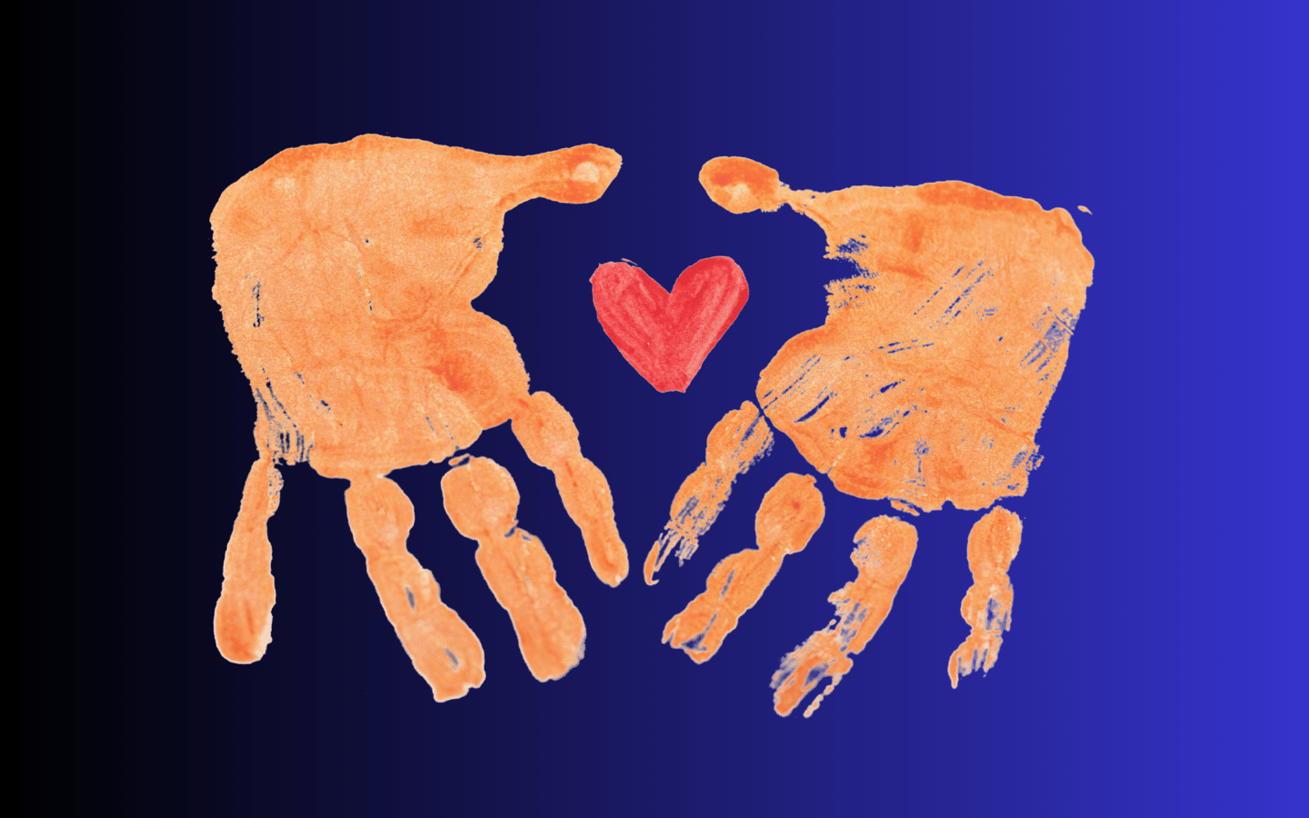 A child’s handprints frame a drawing of a heart.