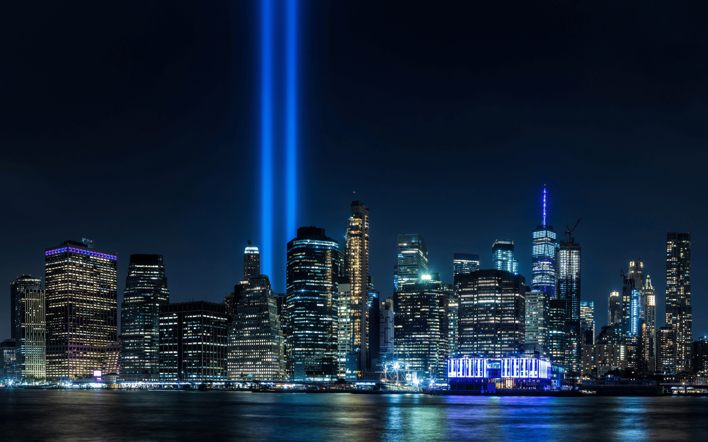 Two lights illuminate the New York sky where the Twin Towers once stood.