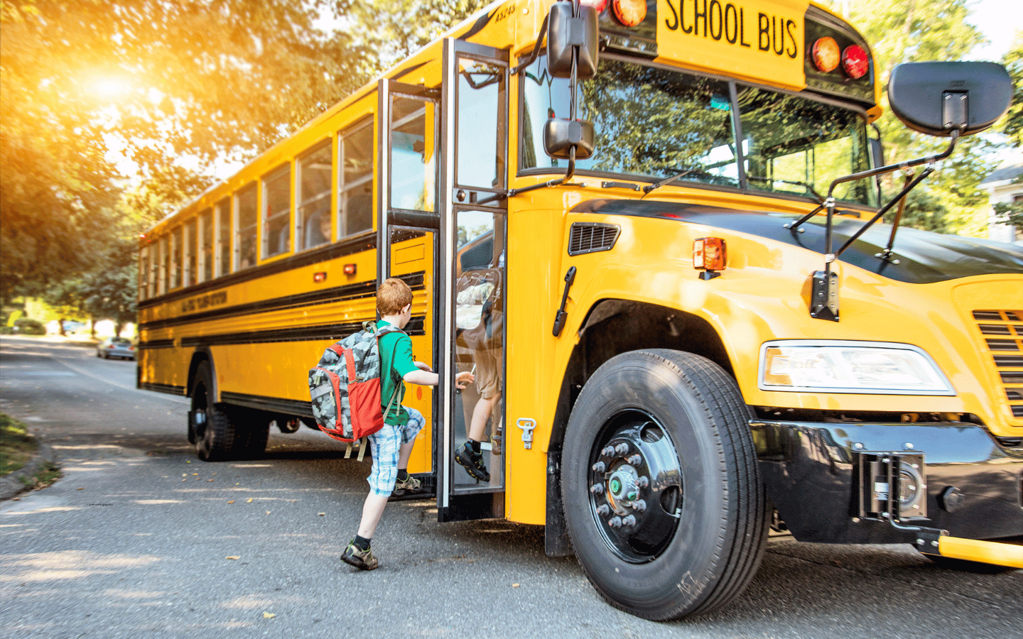 A young boy boards a school bus on a neighborhood street.