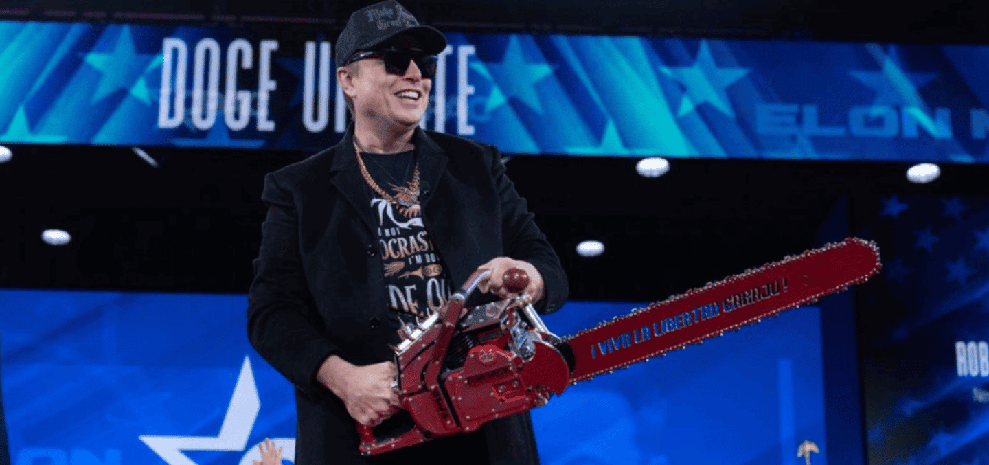 Elon Musk wields a “Make America Great Again” chainsaw.