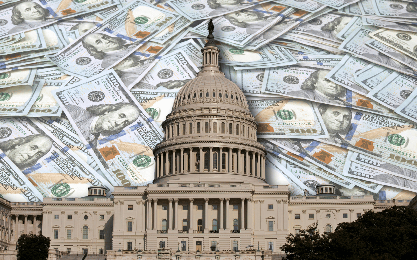 The U.S. Capitol surrounded by $100 bills.